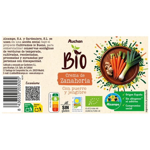 ALCAMPO CULTIVAMOS LO BUENO Bio Crema de zanahoria con puerro y jengibre de origen ecológicos bote 500 ml.