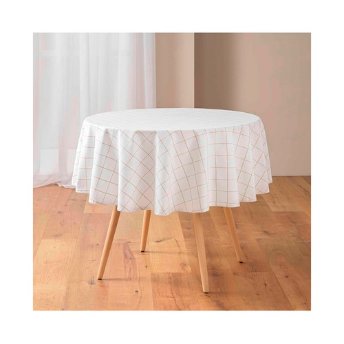 Mantel cuadros polialgodón redondo 180cm beige. U10