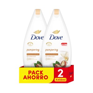 DOVE Gel para baño o ducha con manteca de karité y aroma de vainilla 2 x 450 ml.