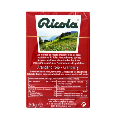 RICOLA Caramelos de hierbas suizas, sin azucares, con sabor a arándano rojo RICOLA 50 g.