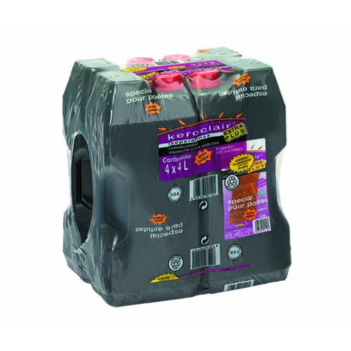 Pack de 4 botella de 4 litros de parafina KEROCLAIR Extra Plus, combustible puro, sin olor.