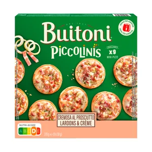 PICCOLINIS Mini pizza congelada con nata agria, cebolla, jamón y bacon de Buitoni 9 x 30 g.