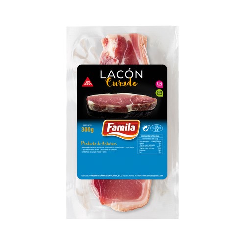 FAMILIA Lacón asturiano curado, en trozos sin hueso, elaborado sin gluten y sin lactosa FAMILIA 300 g.