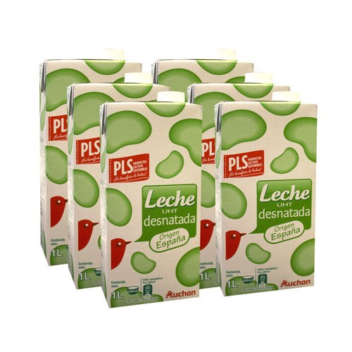 AUCHAN Leche desnatada de vaca 6 x 1l. Producto Alcampo