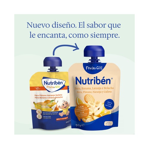 NUTRIBÉN Fruta & go! Bolsita de fruta (pera, platano y naranja) con galleta, a partir de 6 meses 90 g.