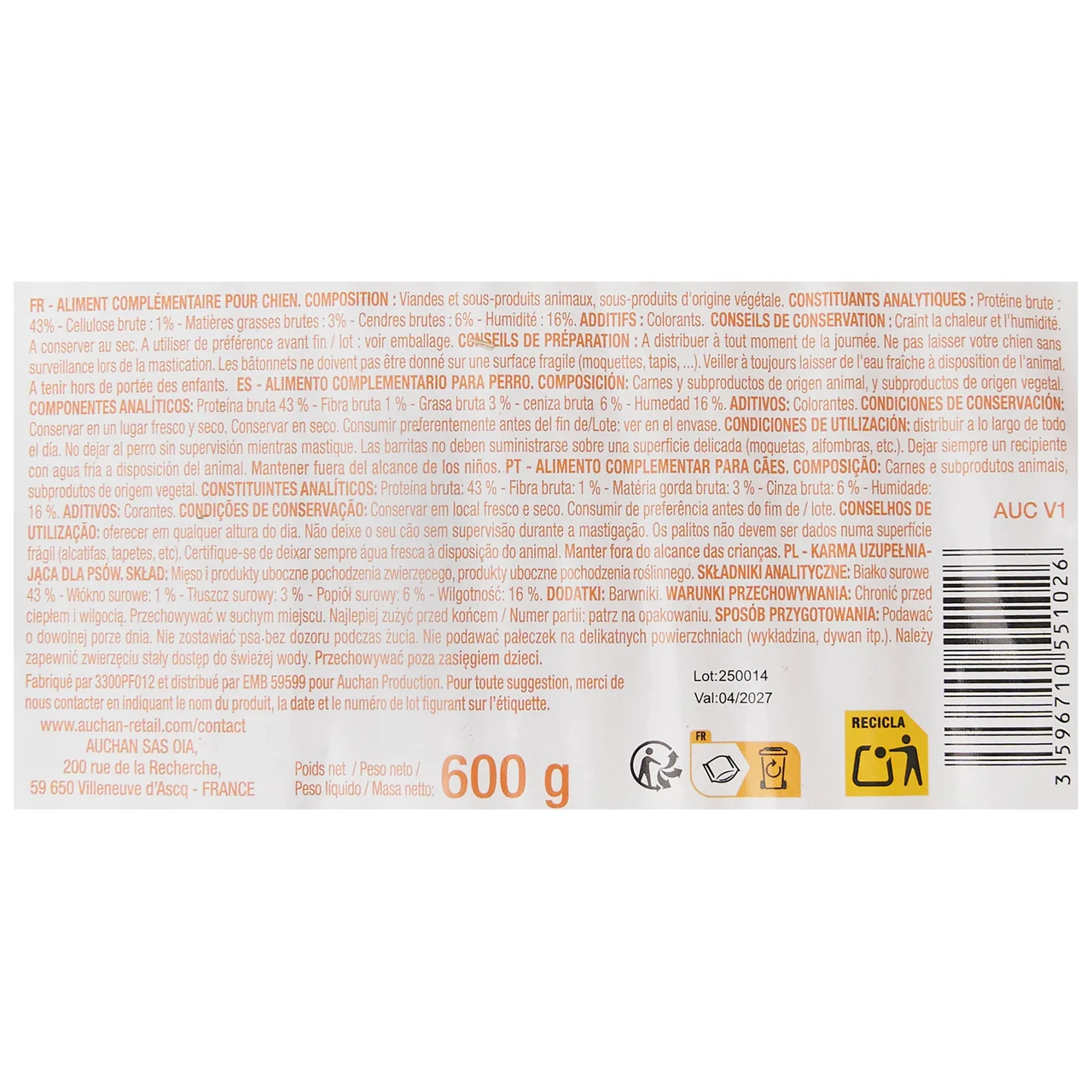 PRODUCTO ALCAMPO Barritas aglomeradas para perros 600g.