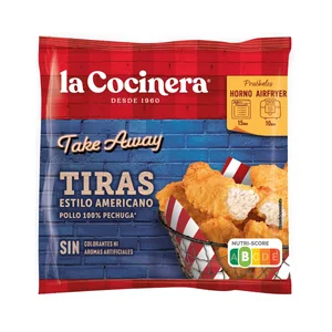 LA COCINERA Take away Tiras de pollo congelado (100% pechuga de pollo) estilo americano 360 g.