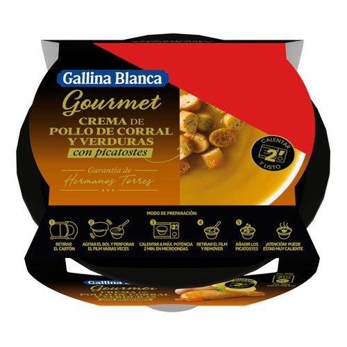 GALLINA BLANCA Gourmet Crema de pollo de corral y verduras con picatostes (garantía hermanos Torres) 300 g.