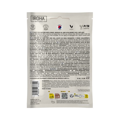 IROHA NATURE Parches antiedad para el contorno de ojos, con uva y aceite de rosa Mosqueta.