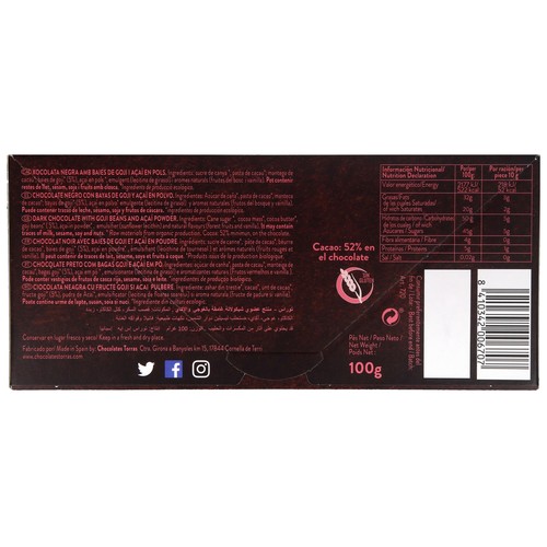 Chocolate negro Bio con bayas goji y acai 100 gr.