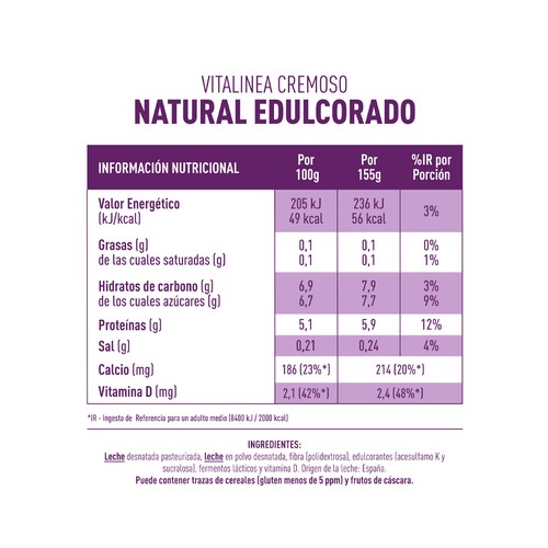 VITALINEA Yogur desnatado 0% materia grasa textura cremosa, natural edulcorado  Cremoso 0% de Danone 4 x 120 g.