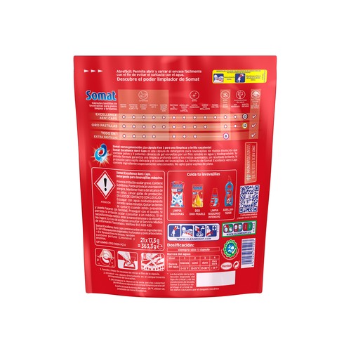 SOMAT Detergente en cápsulas para lavavajillas SOMAT EXCELLENCE 18 + 3 uds x 17,3 g.