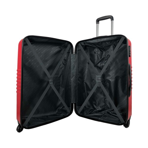 Maleta grande rígida de color rojo de 70 cm. tipo trolley con 4 ruedas y cierre por código, AIRPORT ALCAMPO.