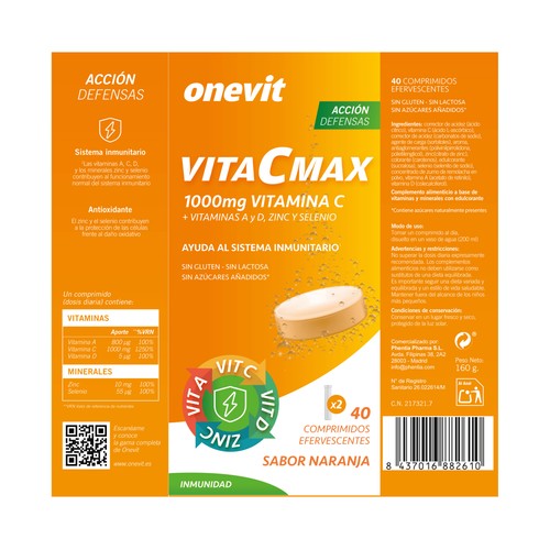 ONEVIT Vitacmax Vitaminas C, A y D + zinc y selenio en comprimidos efervescentes sabor naranja 40 uds.