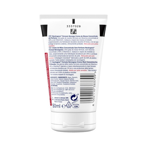 NEUTRÓGENA Crema de manos concentrada sin perfume, para alivio inmediato de manos agrietadas y secas 50 ml.