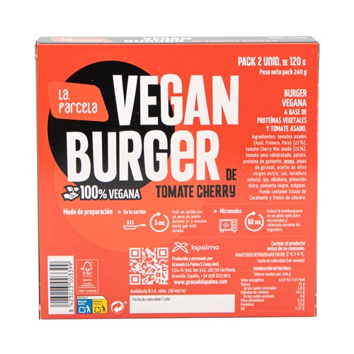 LA PARCELA Burger vegana a base de proteínas vegetales y tomate cherry asado LA PARCELA 2 x 120 g.