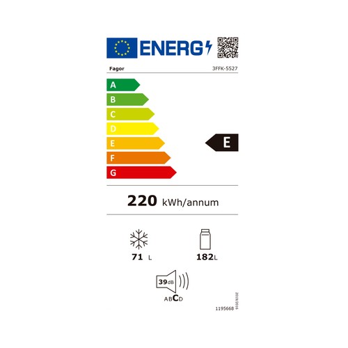 Frigorífico combi 180cm FAGOR 3FFK- 5527W NO FROST, clasificación energética: E, H: 180cm, A: 54cm, F: 60cm, capacidad total: 253L.