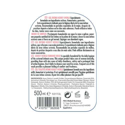 KOOKY WORLD Gel para la higiene íntima femenina con extracto de camomila KOOKY WORLD 500 ml.