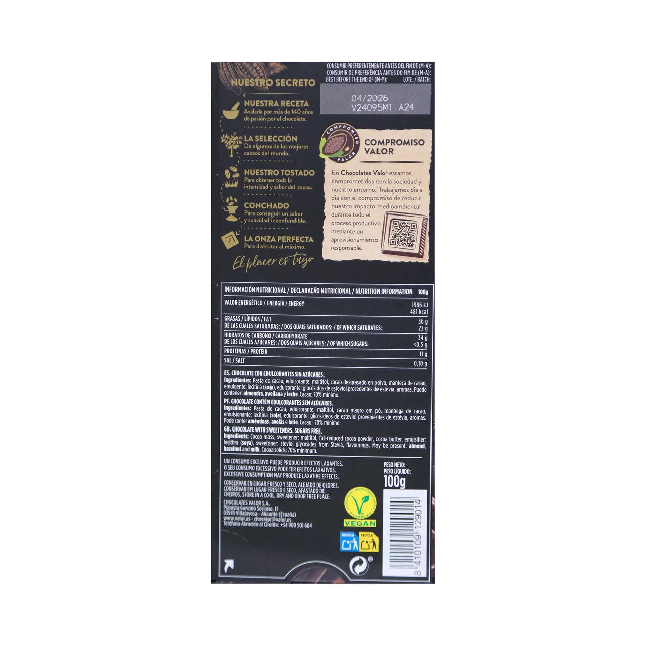 Chocolate sin azúcar añadido negro 70 % 100 g.