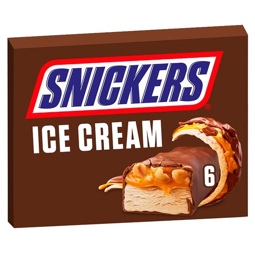 SNICKERS Barrita de helado cremoso, caramelo y cacahuetes recubierta de chocolate 6 x 53 ml.
