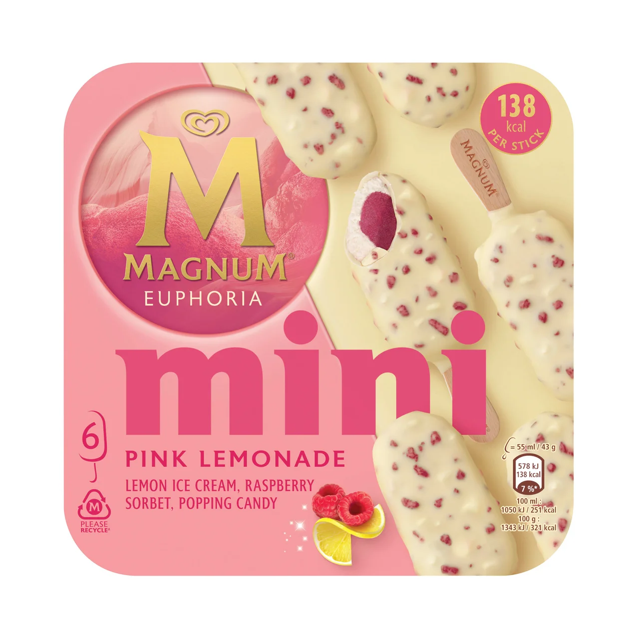 Euphoria de Frigo Mini bombón helado de limón, frambuesa y chocolate blanco 6 x 55 ml.