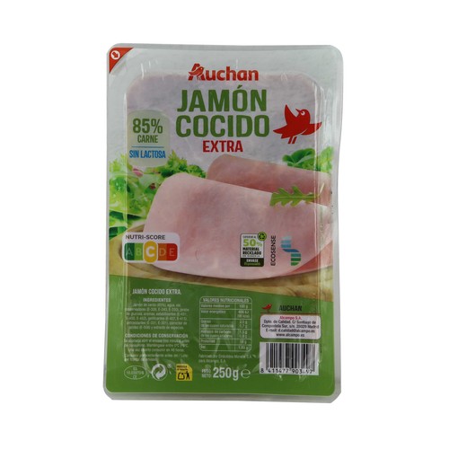 Jamón cocido de categoria extra, cortado en lonchas PRODUCTO ALCAMPO 250 g.