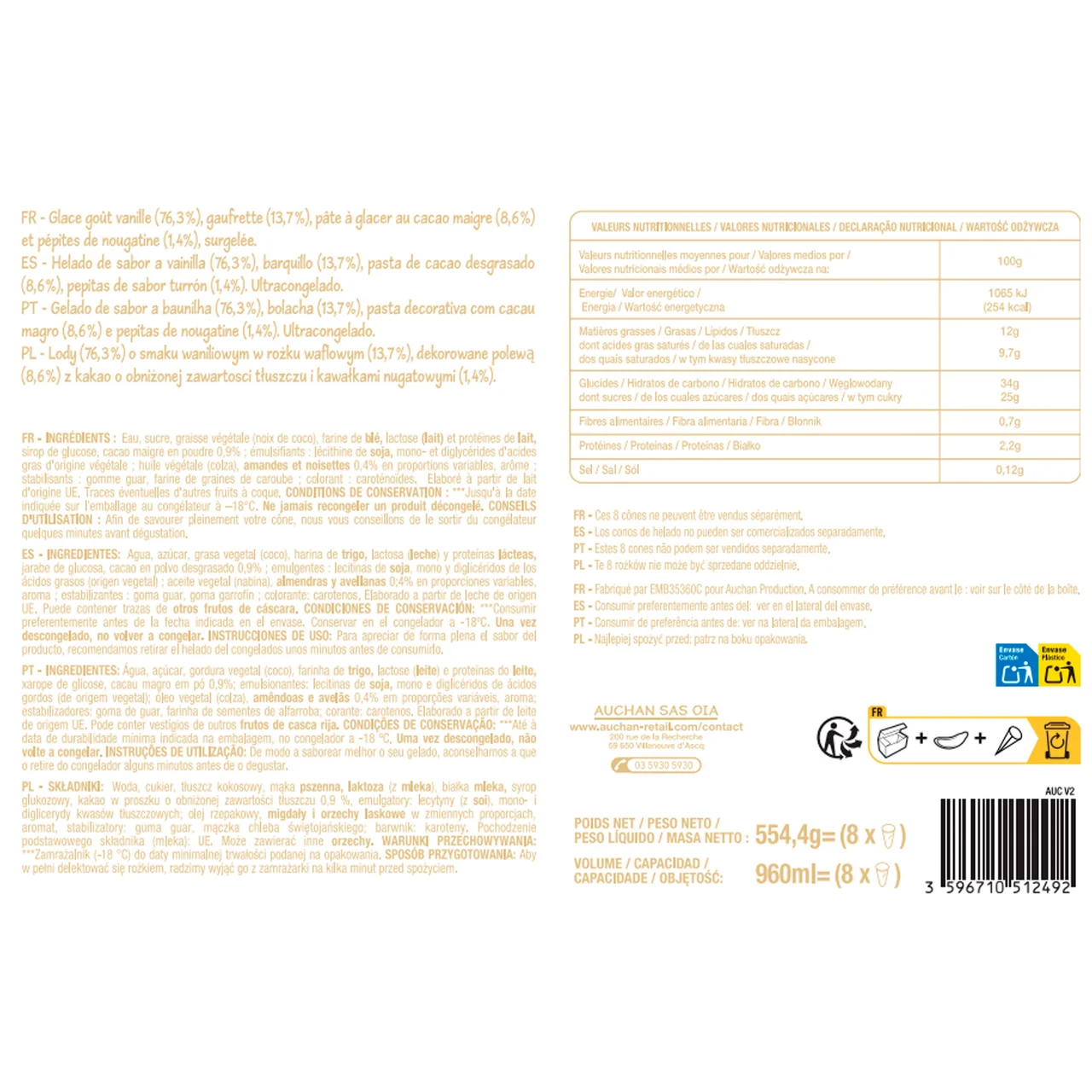 PRODUCTO ECONOMICO ALCAMPO Conos de helado de vainilla 8 x 120 ml.