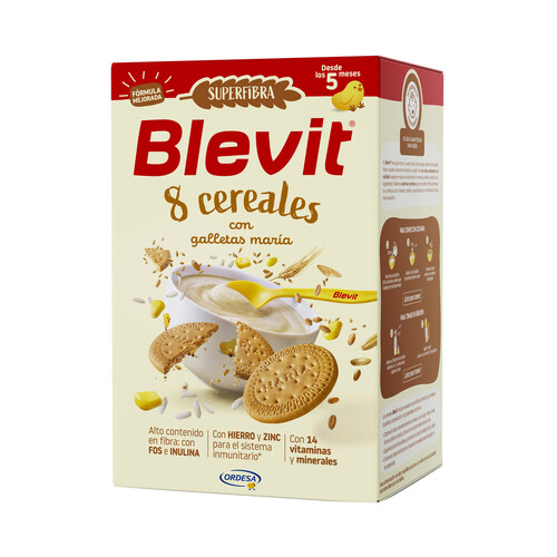 BLEVIT Superfibra Papilla de 8 cereales con galleta Maria, a partir de 5 meses 500 g.
