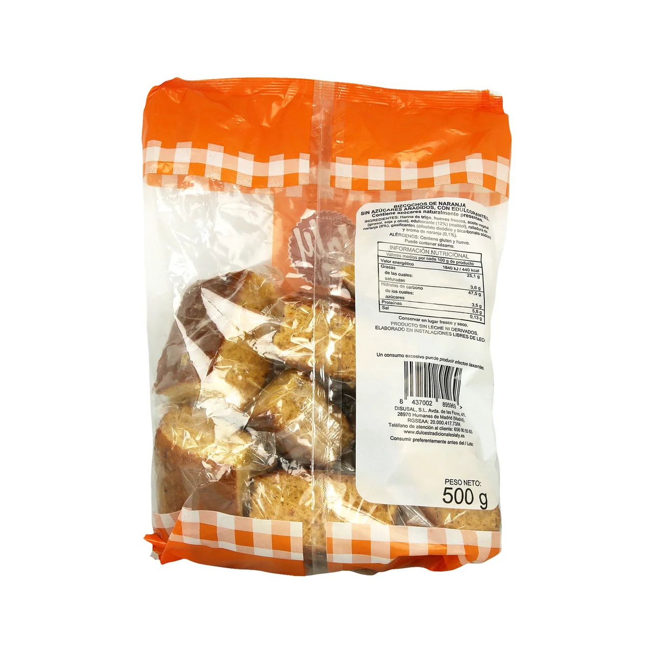 Bizcochos de naranja, sin azúcares añadidos, sin lactosa 450g.