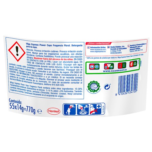 WIPP EXPRESS Power caps Detergente en cápsulas, con fragancia floral, 55 lavados