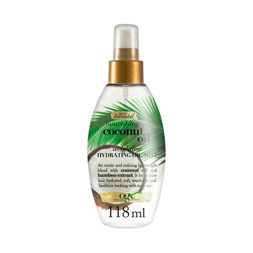 OGX Aceite hidratante en bruma, con aceite de coco y extracto de bambú, para cabellos secos 118 ml.
