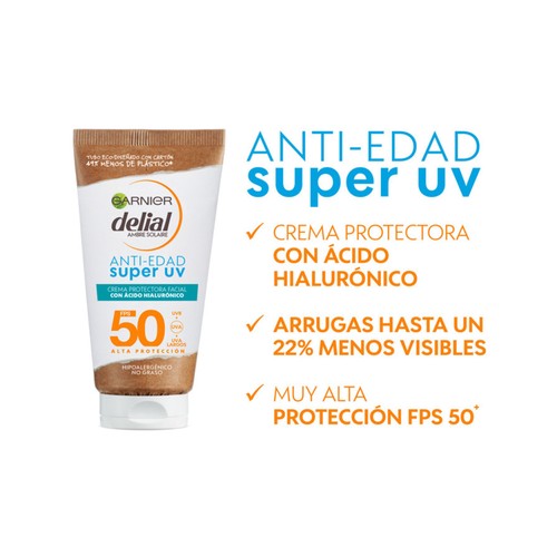 DELIAL Protector solar facial anti-edad con ácido Hialurónico y FPS 50 (muy ato) 50 ml.