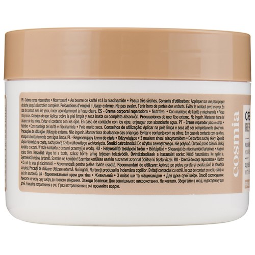 COSMIA Crema corporal nutritiva con manteca de karite y Niacinamida, para pieles muy secas 300 ml.
