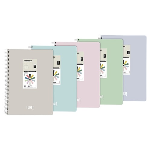 Cuadernos de folio con espirales A4, 80 hojas, 90 gr, surtido de colores lisos, GRAFOPLAS.