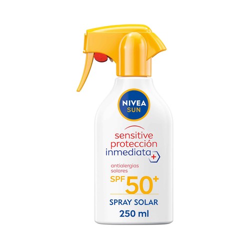 NIVEA Sun sensitive protección inmediata + Spray solar resistente al agua, sin perfume y con FPS 50+ (muy alto) 250 ml.