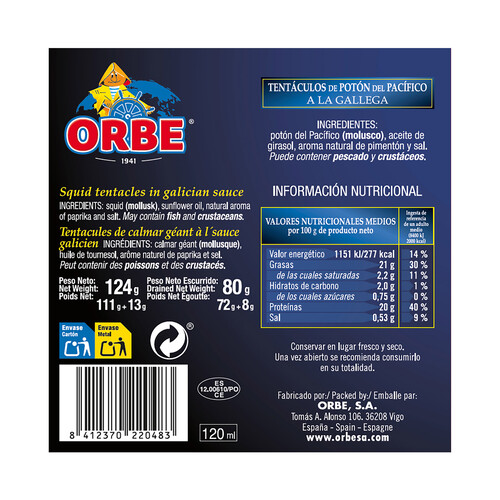 ORBE Tentáculos de potón del Pacífico a la gallega ORBE 72 g.