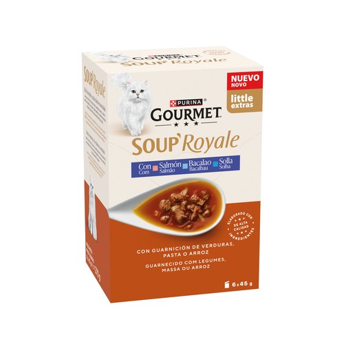 PURINA Gourmet alimento de gato húmedo de salmón bacalao y solla soup 6X45g