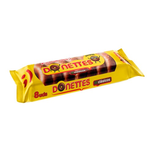 Rosquillas clásicas bañadas de chocolate, DONETTES, 8 uds 171 g.