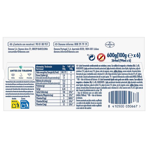 ACTIMEL + de Danone Leche fermentada con Lcasei y sabor a arándano y mora 6 x 100 g.