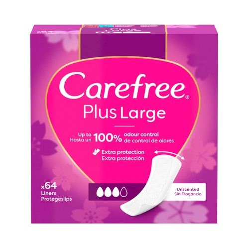 CAREFREE Salvaslips (protegeslips) extra largos, super absorbentes, sin fragancia 64 uds.