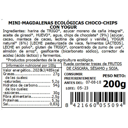 LA GRANJA Mini magdalenas choco-chip ecológicas con yogur LA GRANJA 200 g.