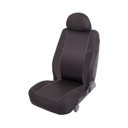 Funda para asiento delantero de automóvil, de talla única y fabricada en poliester en tonos negros con las costuras en blanco ROLMOVIL.