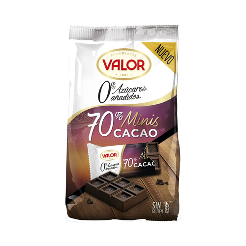 VALOR Chocolatina de chocolate 70% cacao sin azúcares añadidos 144 g.