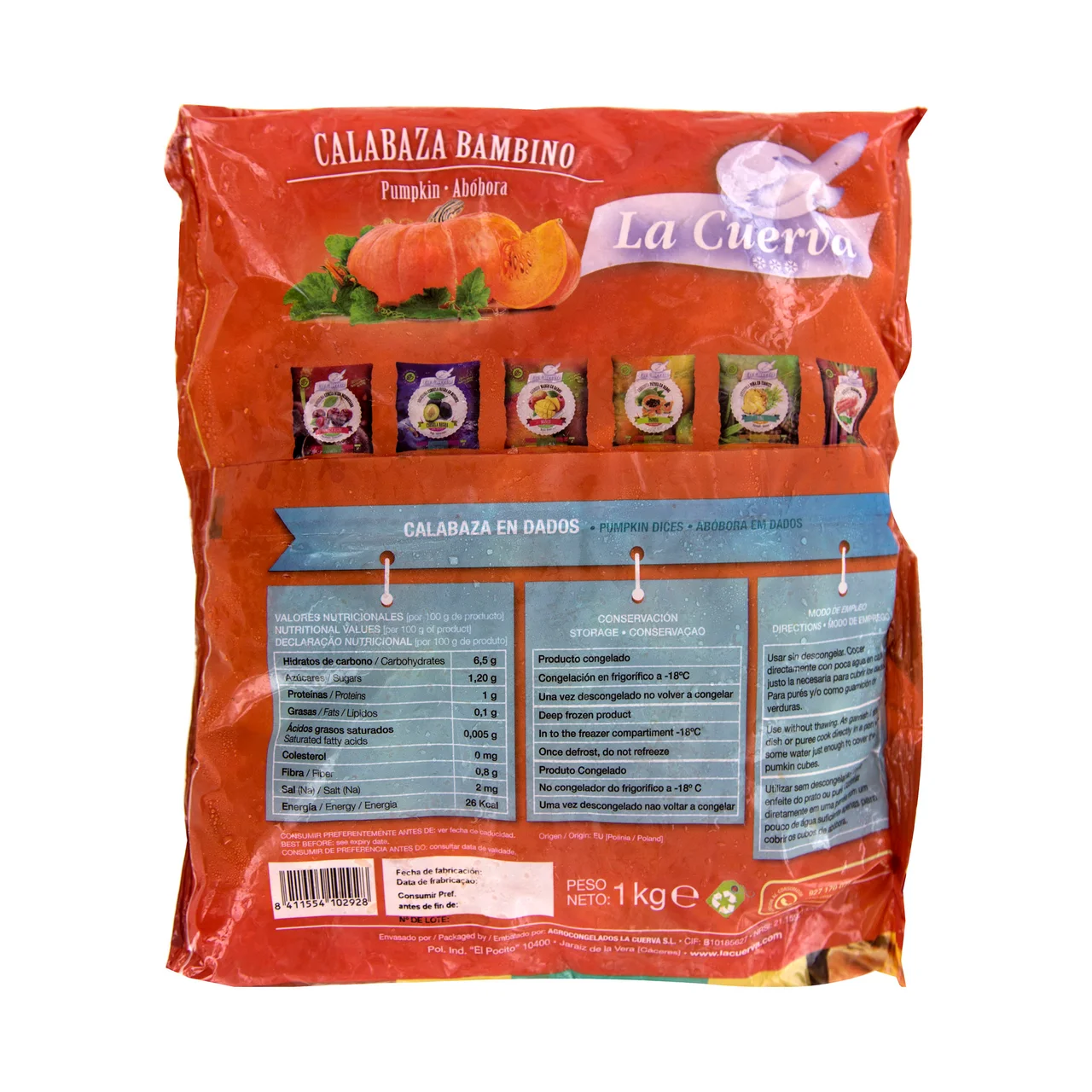 LA CUERVA Calabaza cortada en dados, 100% natural, sin conservantes ni colorantes LA CUERVA 1 kg.