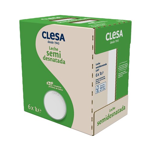 CLESA Leche de vaca semidesnatada de origen 100% gallega de bienestar animal Bienatur 6 x 1 l.