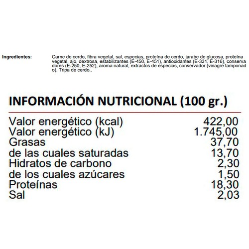 EL CONCHEL Chorizo aldeano envasado al vacío Especial Barbacoa 300 g.