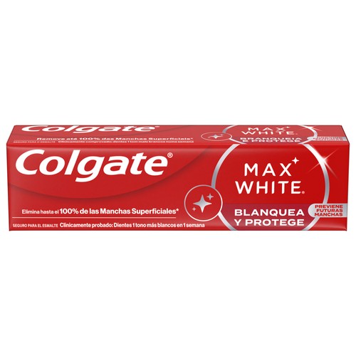 COLGATE Max white Pasta de dientes, acción blanqueante y protectora, sabor a menta 75 ml.