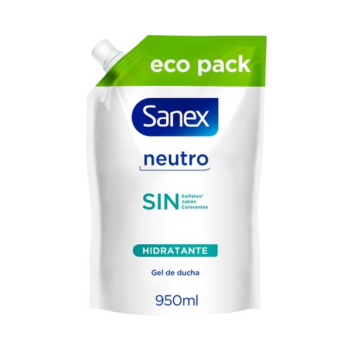 Gel de ducha o baño para piel normal, con hidratantes de origen natural SANEX Zero% Recambio 900 ml.