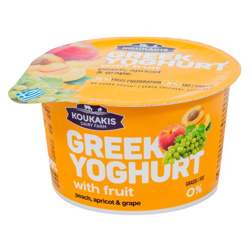 KOUKAKIS Yogur griego con trozos de melocotón, uva y albaricoque 150 g.  sin azúcares añadidos.