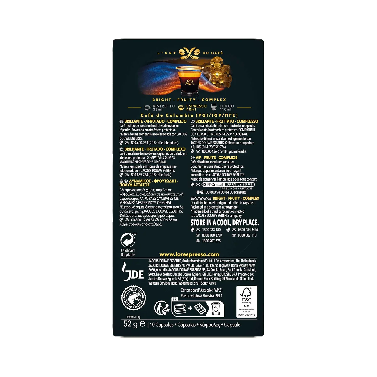 L"OR Espresso Capsulas de café colombiano descafeinado 10 uds. 52 g.